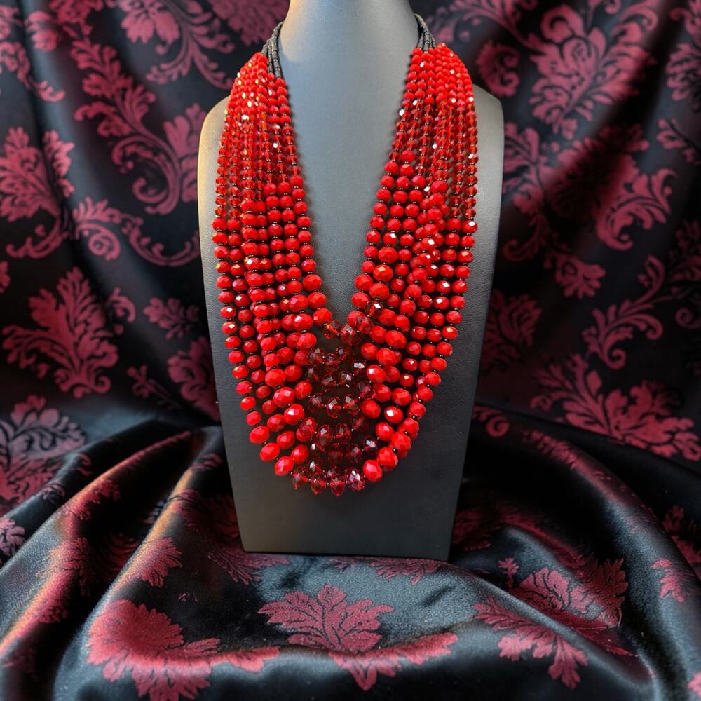 Red Glass Eight Strand Beaded Cascading Necklace